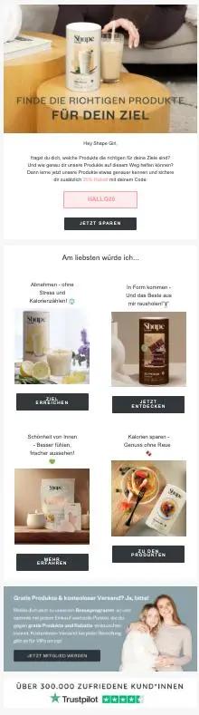 Willkommensmail von Shape Republic mit Produktbildern und Angeboten für Fitness- und Ernährungsziele. Enthält Trustpilot-Bewertung.