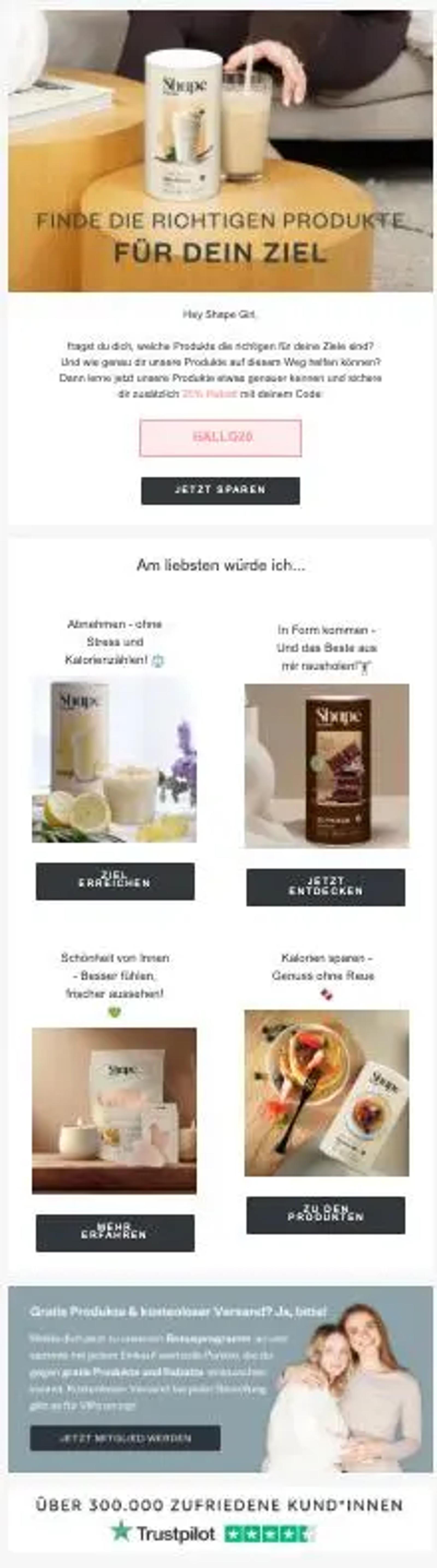A marketing email from the brand "Shape World," showcasing psychographic segmentation by tailoring content to specific customer goals.  The header features a protein shake and the headline "FINDE DIE RICHTIGEN PRODUKTE FÜR DEIN ZIEL" (Find the right products for your goal). Below, it offers a 20% discount code, "HALLO20," with a "JETZT SPAREN" (Save now) call-to-action button.  The main body of the email is divided into four distinct tiles, each representing a different lifestyle motivation or goal:  Weight loss: "Abnehmen - ohne Stress und Kalorien zählen!"  Fitness: "In Form kommen - Und das Beste aus mir rausholen!"  Beauty/Wellness: "Schönheit von Innen - Besser fühlen, frischer aussehen!"  Healthy indulgence: "Kalorien sparen - Genuss ohne Reue."  Each tile includes a representative lifestyle image and a dedicated button to explore products relevant to that specific interest. The footer mentions a loyalty program and highlights social proof with a Trustpilot rating and the claim of over 300,000 satisfied customers.