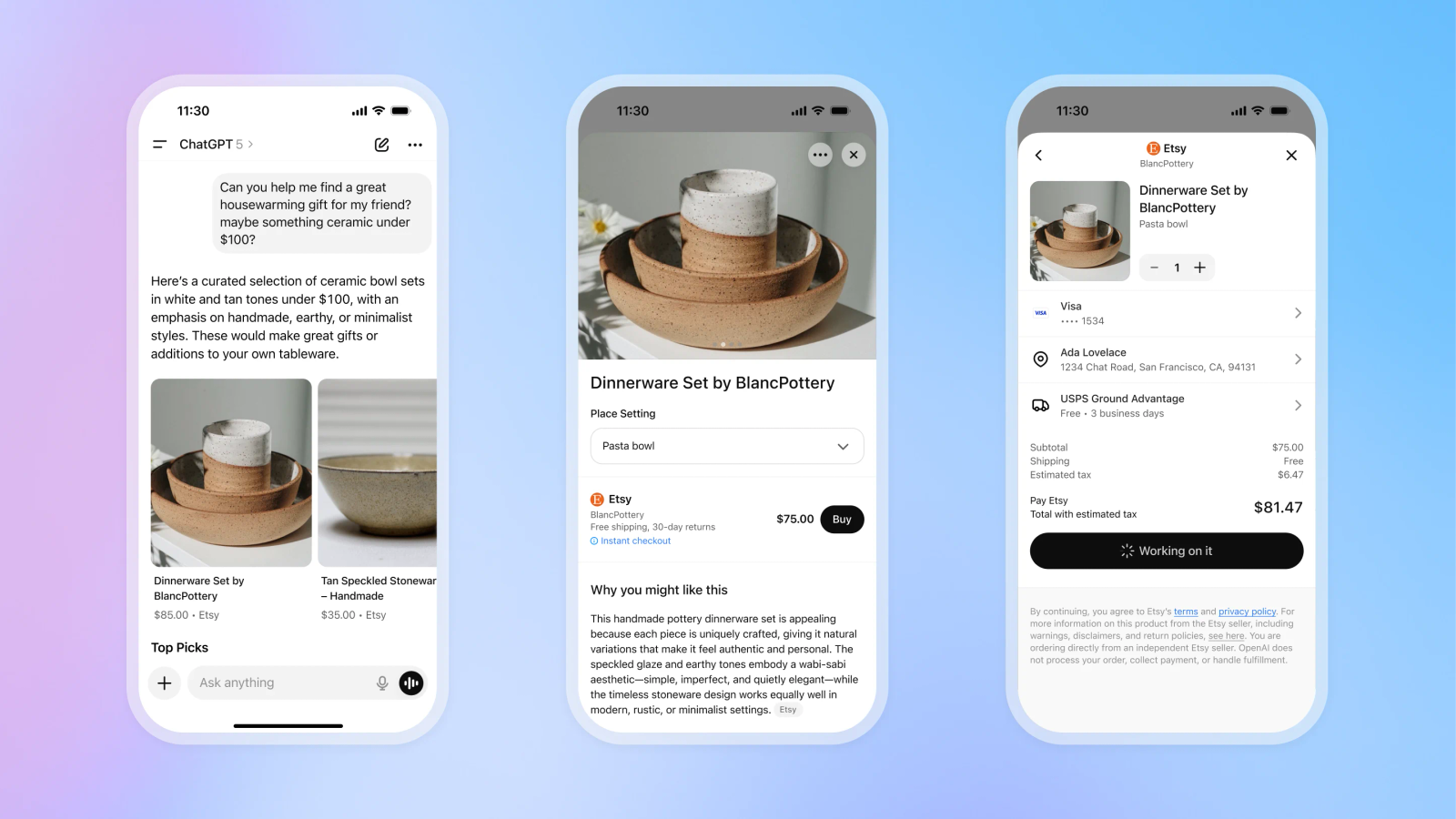 Three smartphone screens showing a shopping interface for a ceramic dinnerware set by BlancPottery on Etsy.