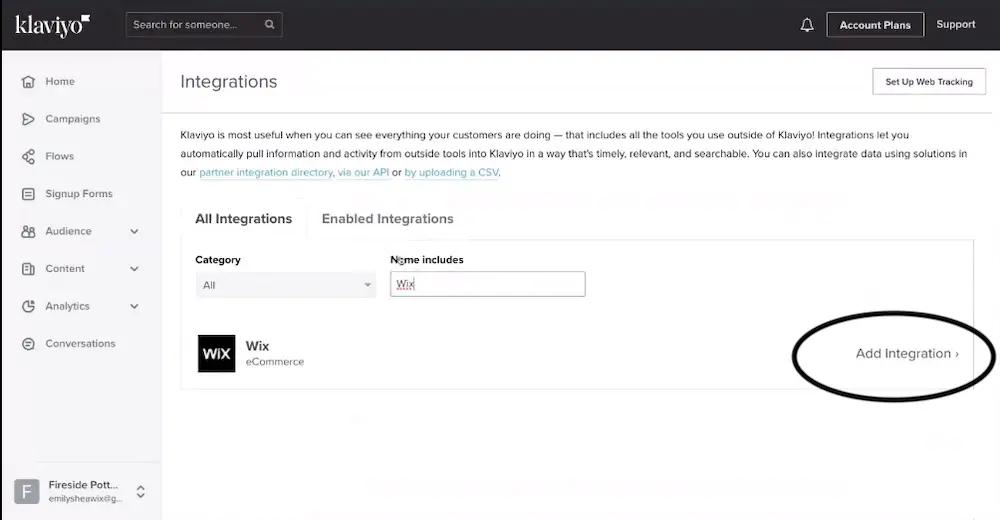 Image shows the Integrations page of a Klaviyo dashboard, for your ecommerce store.