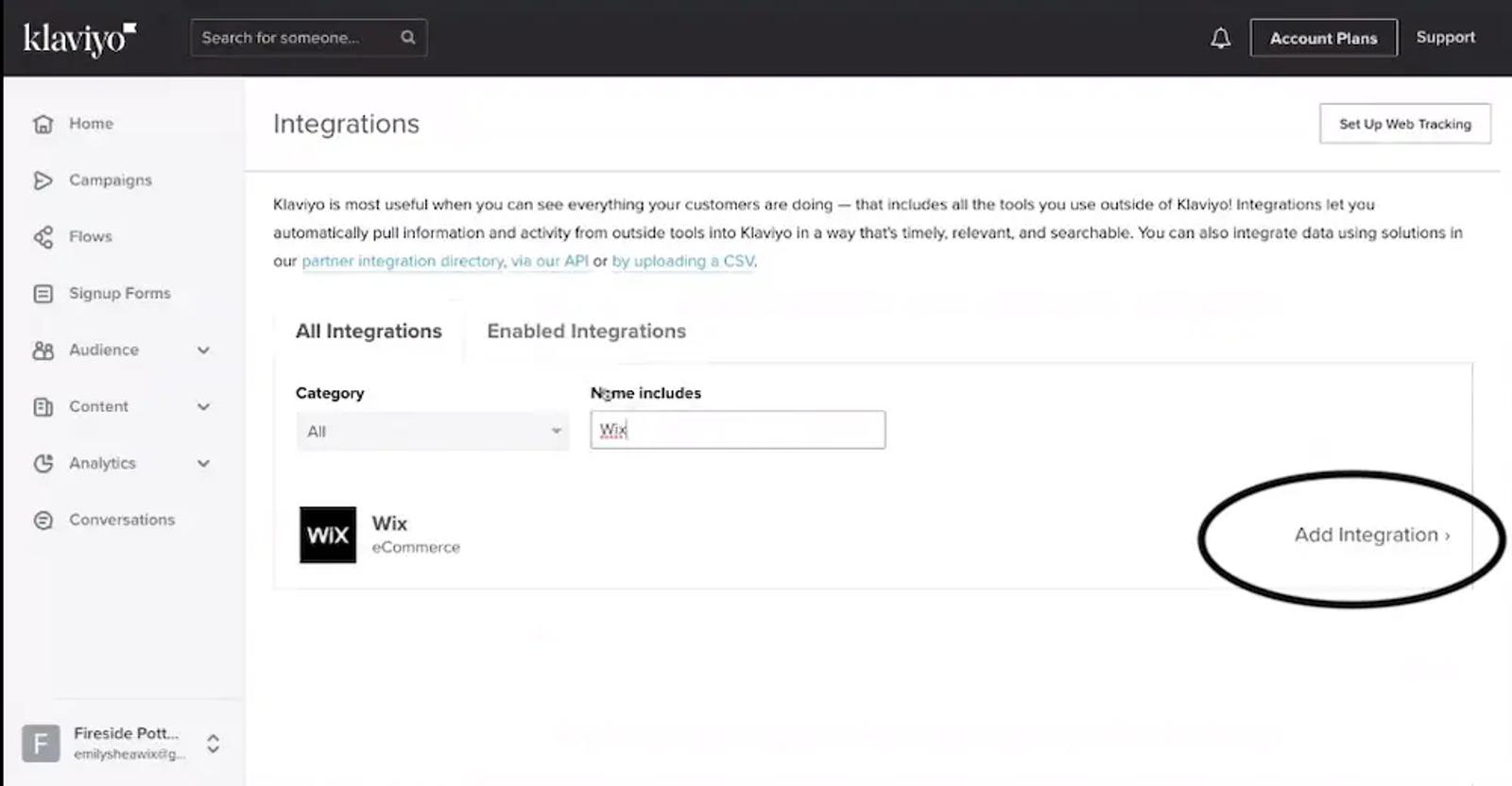 Image shows the Integrations page of a Klaviyo dashboard, for your ecommerce store.