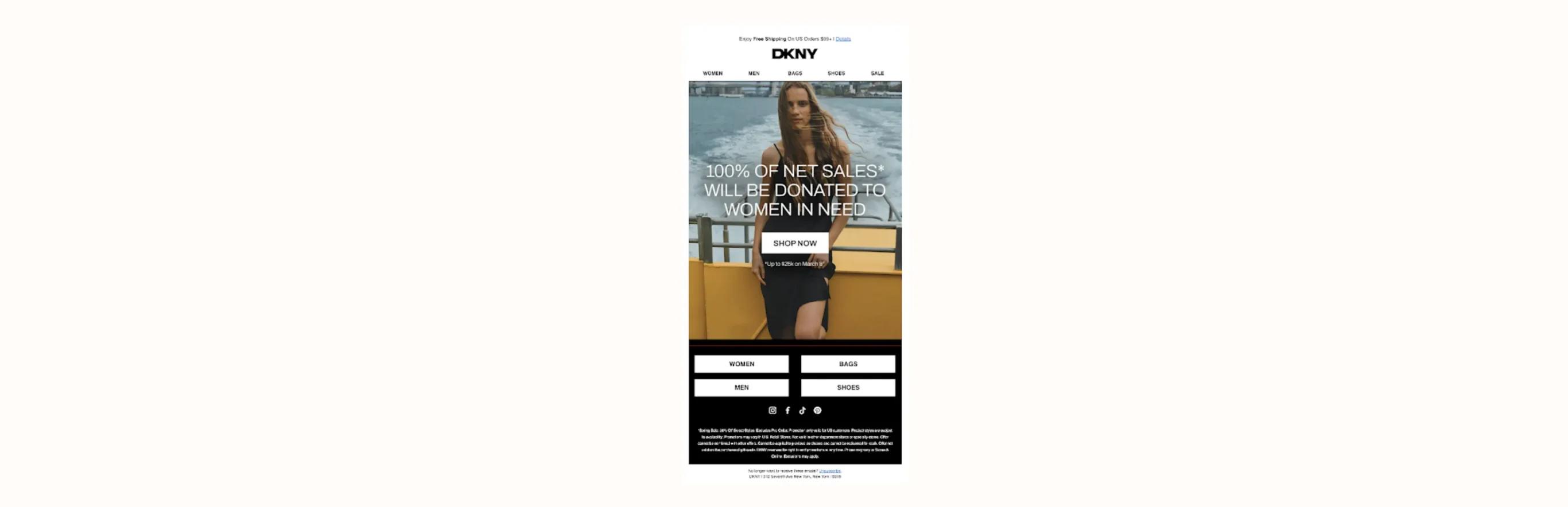 DKNY promotional banner featuring a woman on a boat. Text: "100% of net sales will be donated to women in need.
