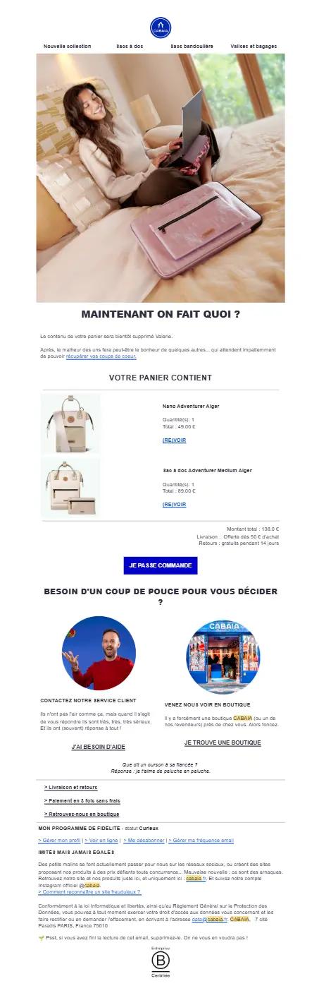 Email marketing de Cabaia présentant une femme souriante avec un ordinateur portable, des produits dans un panier, et des options de contact.