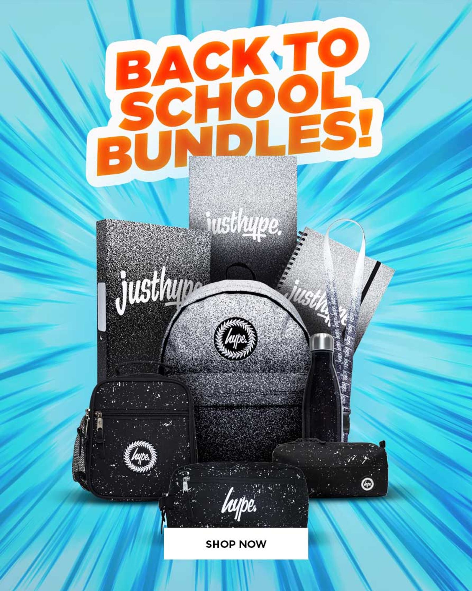 Hype brand black and white speckled back-to-school bundle with backpack, lunch bag, water bottle, and notebooks. Text: BACK TO SCHOOL BUNDLES! SHOP NOW.