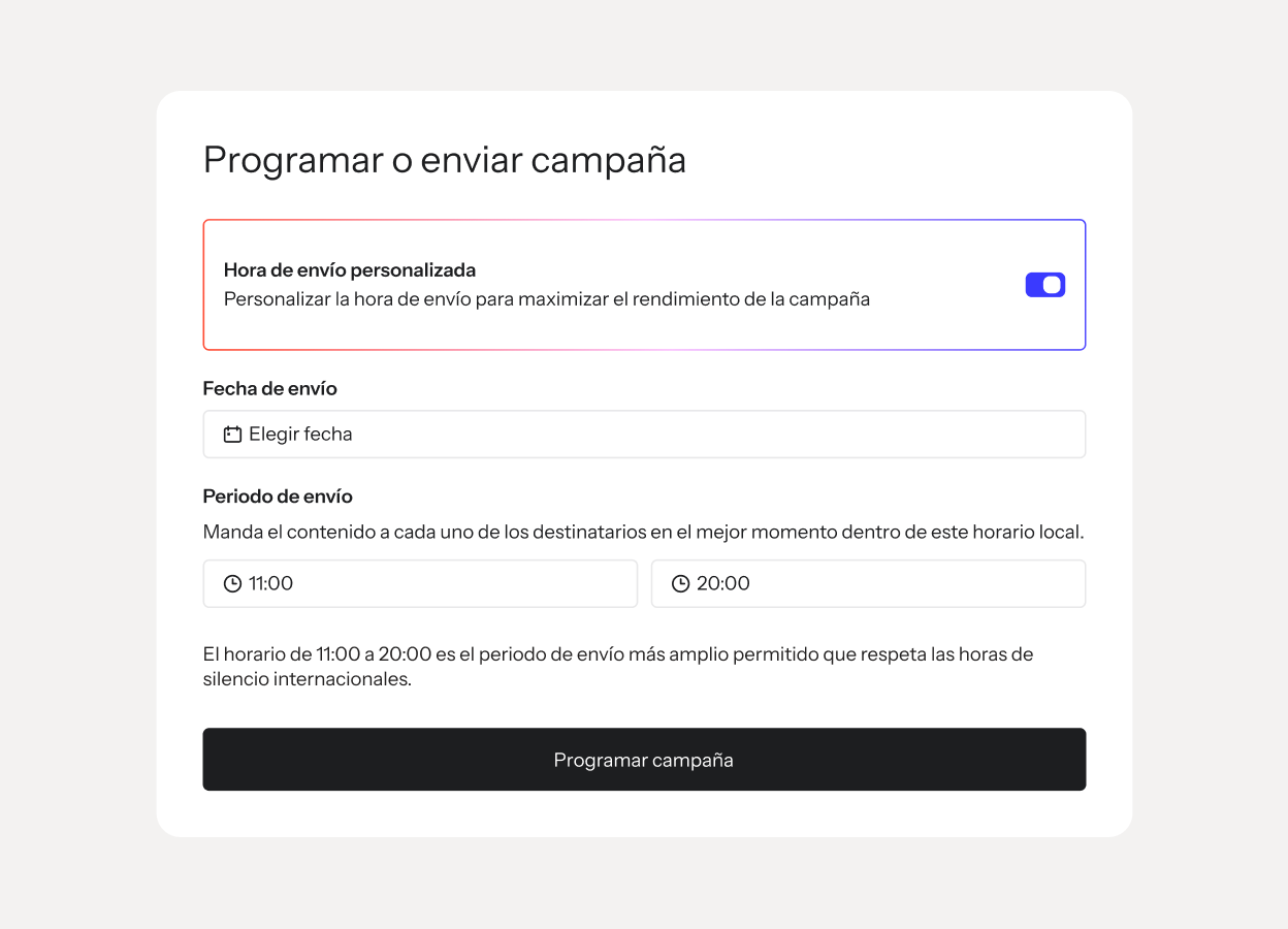 Formulario de programación de campañas con Hora de envío personalizada, selector de fecha, ventana de envío y botón Programar.