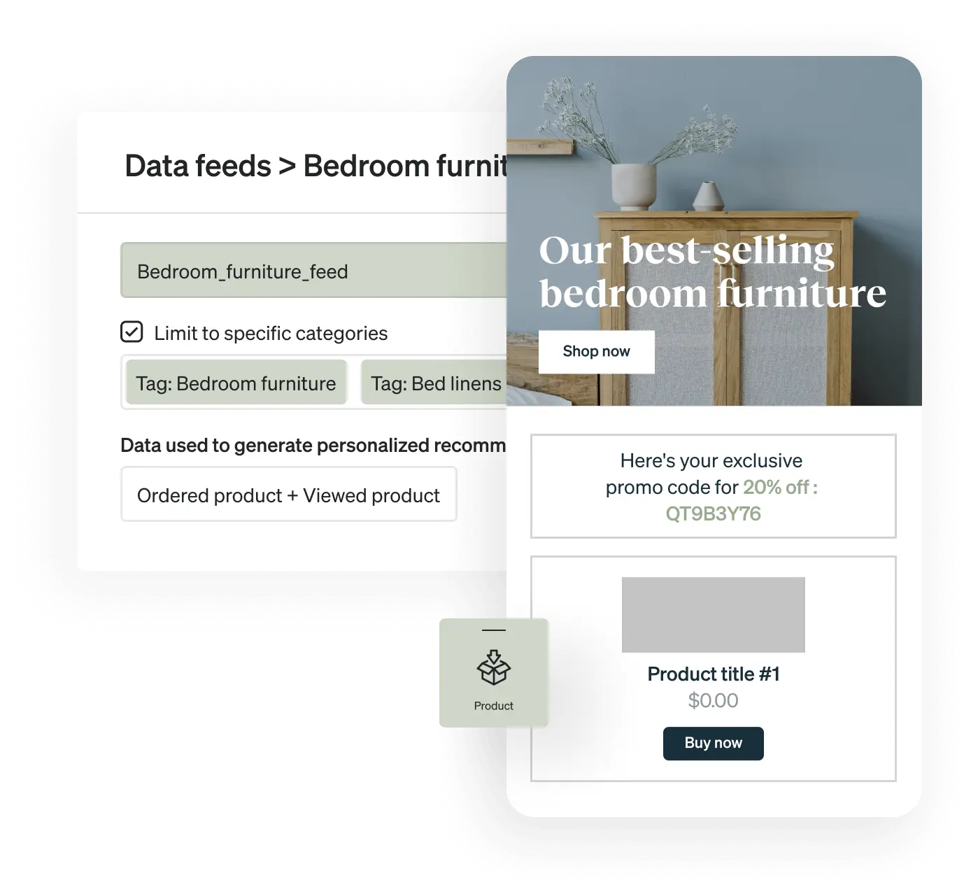 Graphic shows how easy it is to drag and drop a product recommendation in Klaviyo’s email software