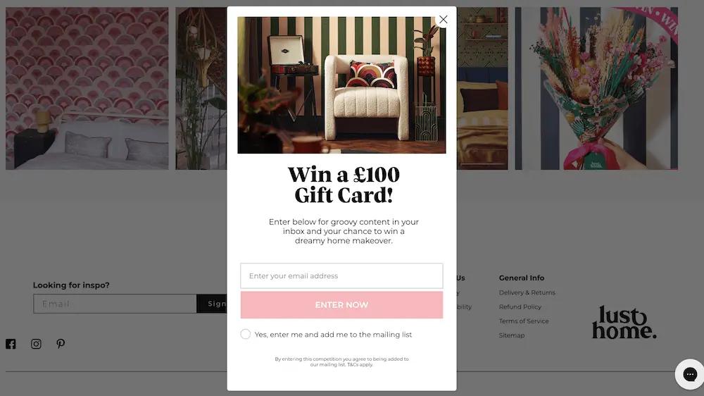 Image shows a prominent pop-up form on the Lust Home homepage, encouraging visitors to sign up for emails by offering the chance to win a “dreamy home makeover.”