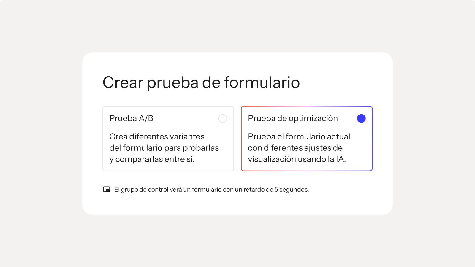 UI card titled "Create form test" with "Optimization Test" selected, described as "Test the current form with different display settings using AI."