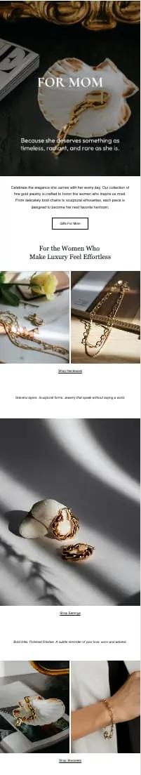 E-Mail-Marketing-Vorlage für Muttertag mit Schmuckfotos, darunter goldene Armbänder und Ohrringe auf dekorativen Hintergründen.