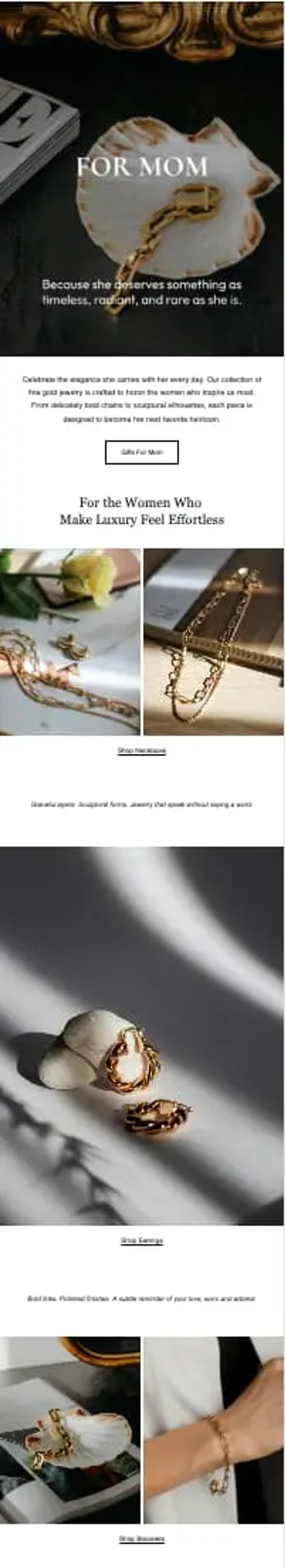 E-Mail-Marketing-Vorlage für Muttertag mit Schmuckfotos, darunter goldene Armbänder und Ohrringe auf dekorativen Hintergründen.
