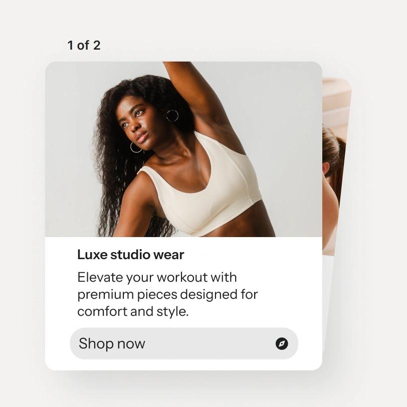 Woman in a white sports bra stretches overhead on a Luxe studio wear shopping card.