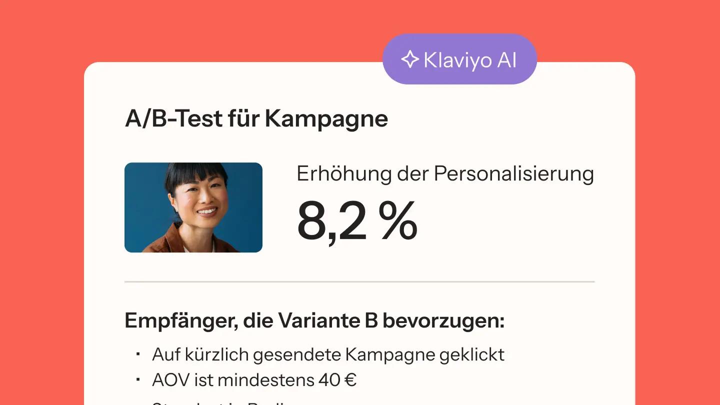 A/B-Test-Ergebnis für Kampagne mit 8,2% Erhöhung der Personalisierung. Klaviyo AI-Logo oben.