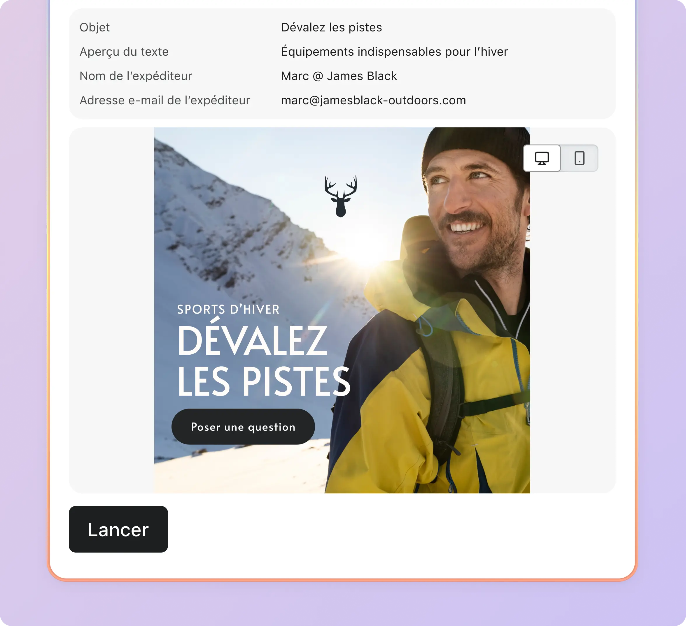 Homme souriant en tenue de ski devant une montagne enneigée. Texte : "Sports d'hiver, dévalez les pistes".