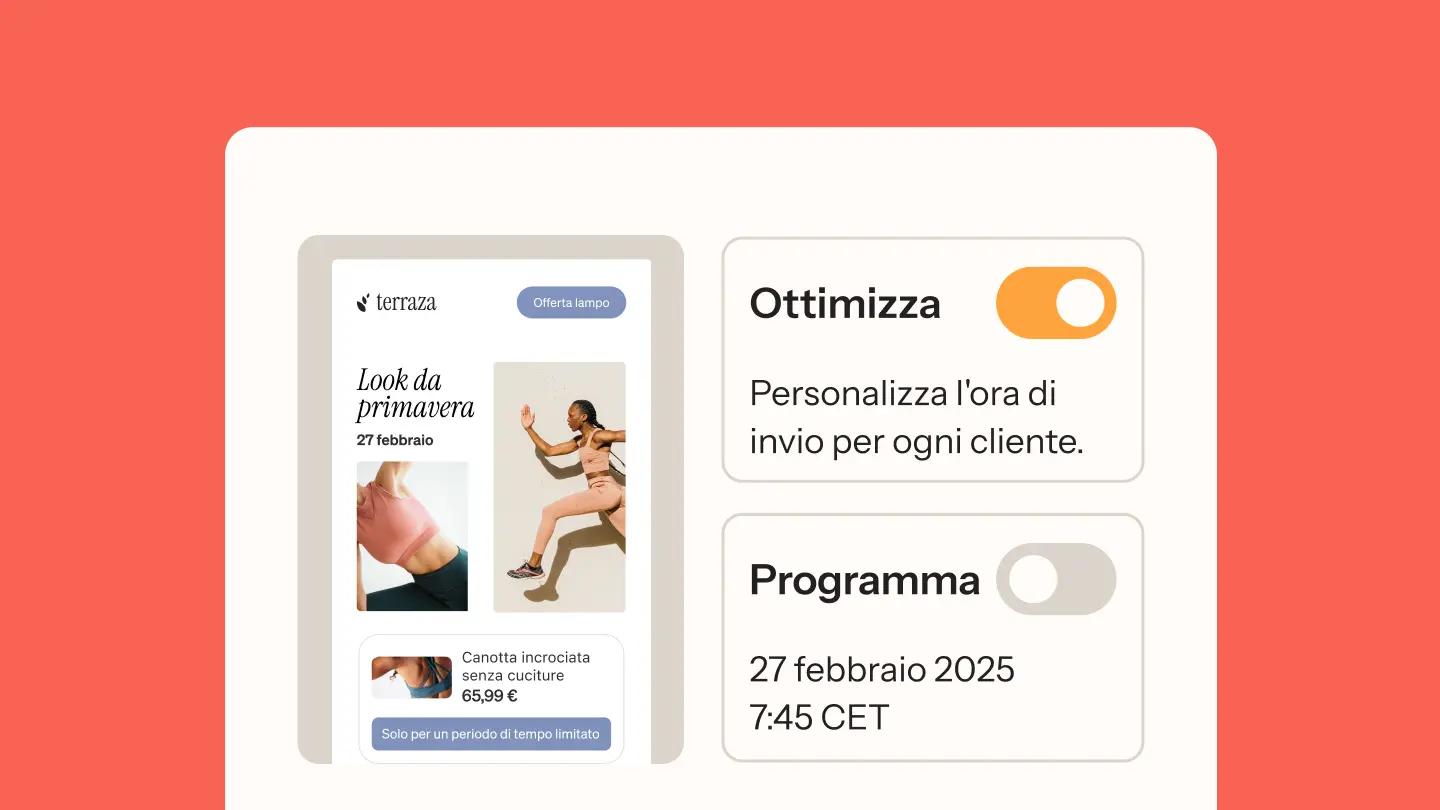 Anteprima di un'email di moda con opzioni di personalizzazione dell'invio, data programmata 27 febbraio 2025, 7:45 CET.