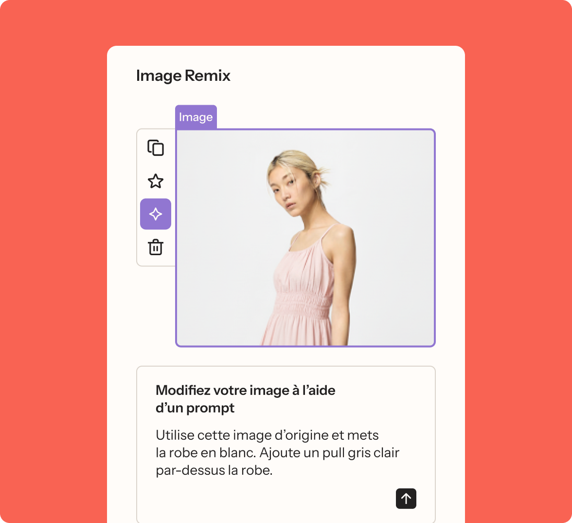 Interface d'édition d'image montrant une femme en robe rose ; le prompt indique de mettre la robe en blanc et d'ajouter un pull gris clair