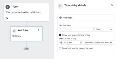 Image shows a product shot from Klaviyo detailing how to set up a time delay specific to your recipients' timezone.