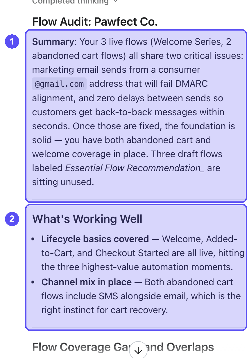 A Flow Audit document for Pawfect Co., detailing a summary, what's working, flow coverage gaps, and recommendations for marketing automation.