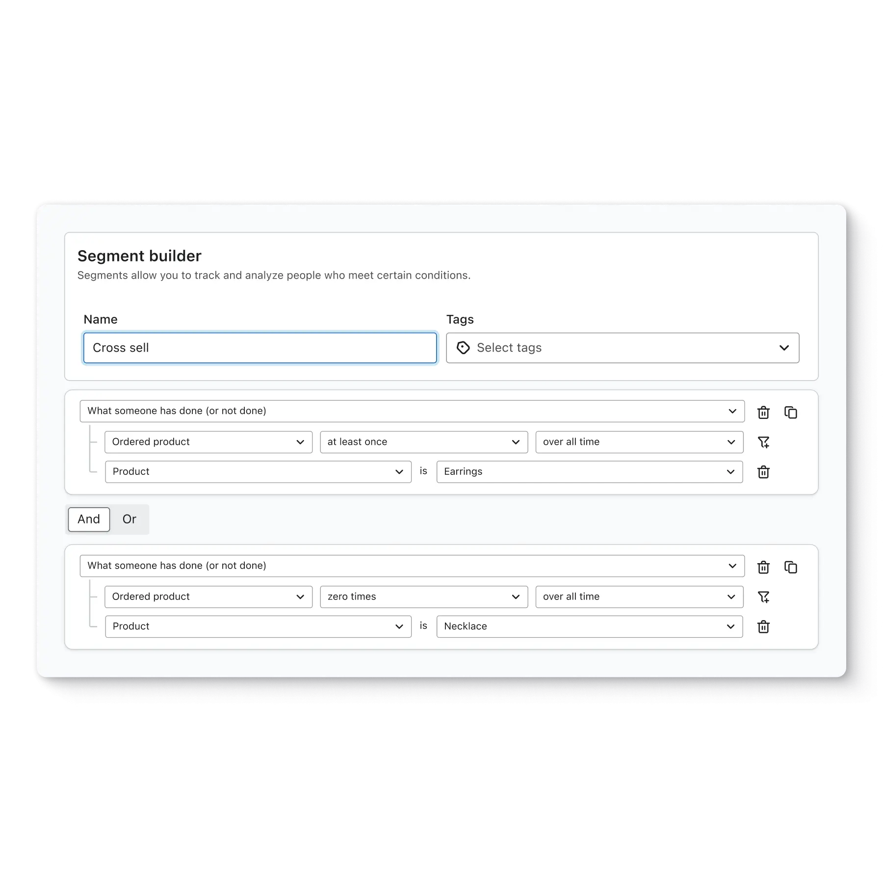 Klaviyo screen showing how to use the segment builder to create a custom audience for targeted ads.