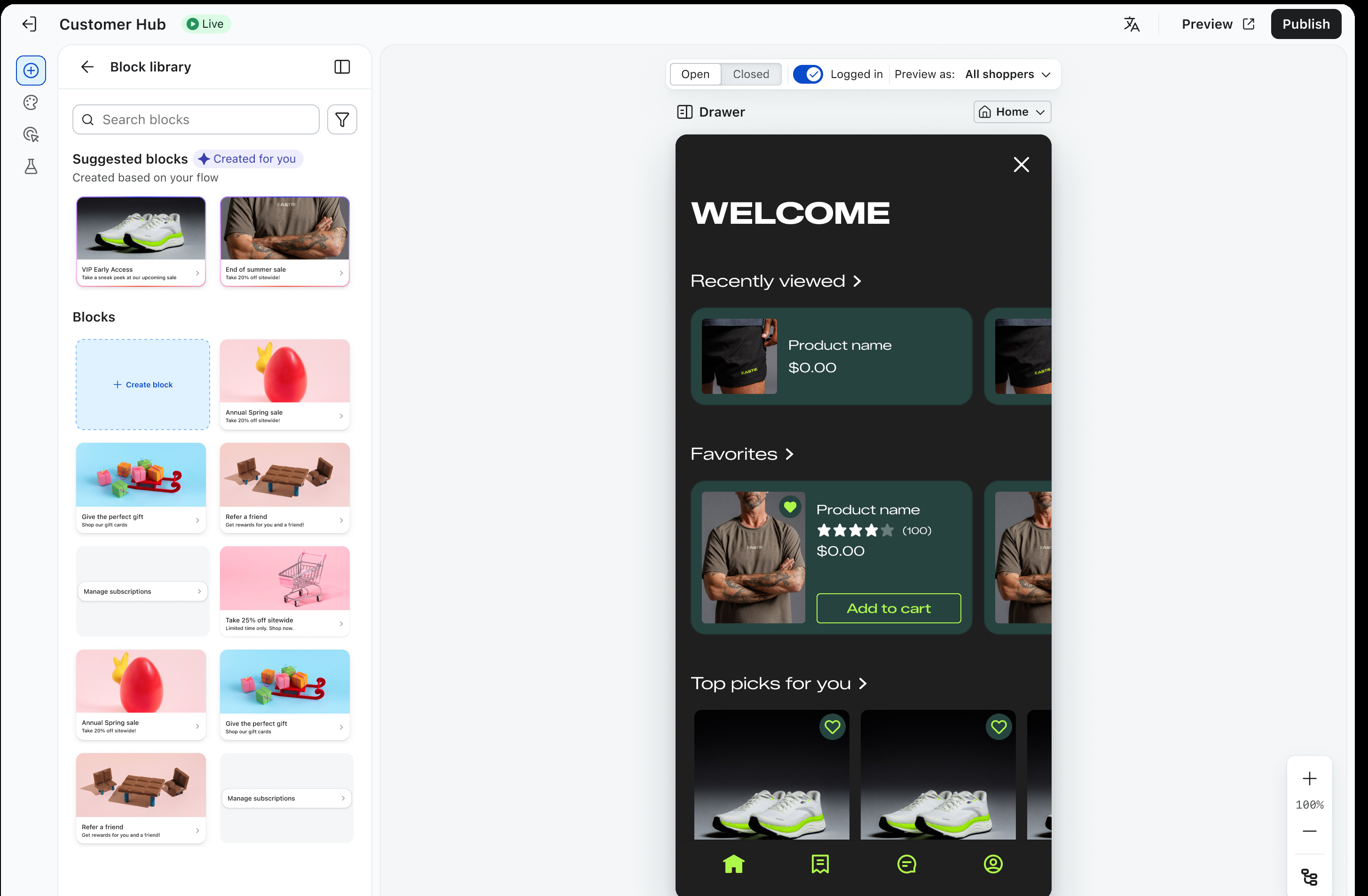 A customer hub interface displaying a "Block library" on the left with components like sales, gifts, and subscriptions, next to a mobile preview on the right showing a dark-mode welcome screen with product recommendations.