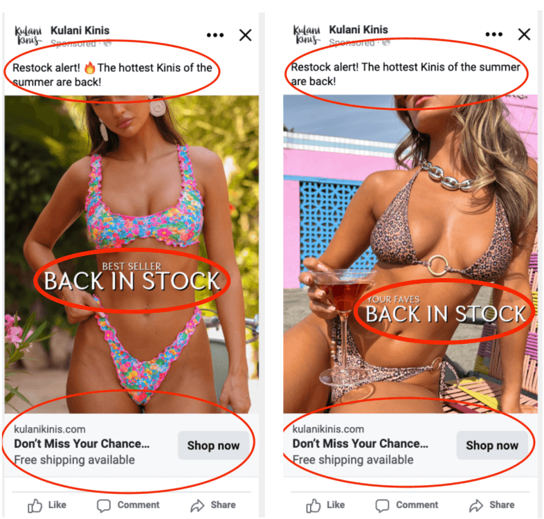 Two Kulani Kinis ads featuring women in bikinis. Text highlights "Restock alert! The hottest Kinis of the summer are back!" and "Back in stock.
The bathing suits are different but the creative is otherwise all identical.