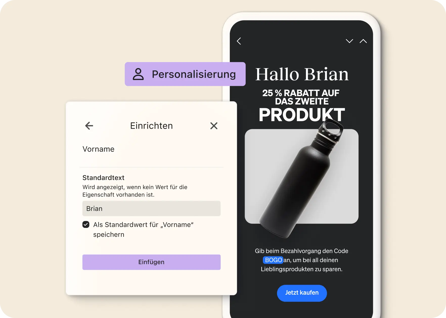 Personalisierungsoberfläche mit einem Angebot: "Hallo Brian, 25 % Rabatt auf das zweite Produkt." Anzeige einer schwarzen Flasche.