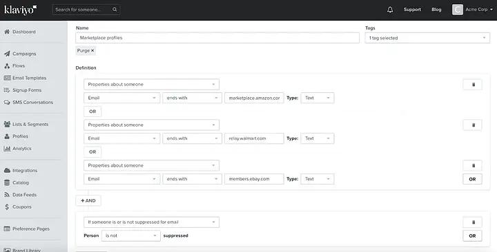Defining a segment in Klaviyo