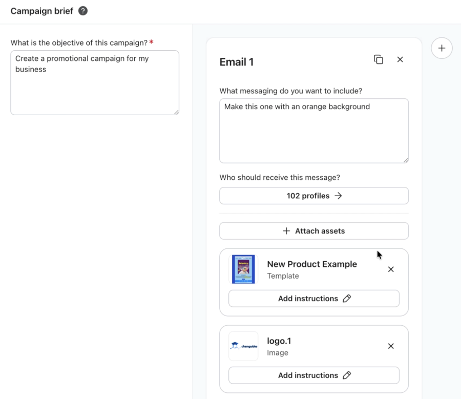 A digital interface showing a campaign brief with a promotional objective and an email editor with messaging instructions, 102 recipient profiles, and attached "New Product Example" and "logo.1" assets.