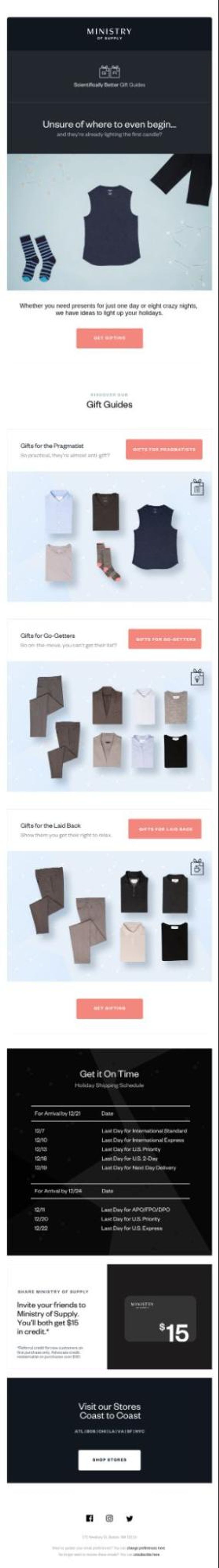 Screenshot of a Ministry of Supply marketing email on a dark background, with eyebrow copy that reads, "Scientifically Better Gift Guides." A headline reads, "Unsure of where to even begin... and they're already lighting the first candle?" Below, a product photo on a light blue, snowflake-dotted background shows a navy sleeveless top, striped socks, and black pants laid out. Body text reads, "Whether you need presents for just one day or eight crazy nights, we have ideas to light up your holidays," followed by a "Get Gifting" button. Further down, a "Discover Our Gift Guides" section features the first guide, "Gifts for the Pragmatist," with the tagline, "So practical, they're almost anti-gift?", a "Gifts for Pragmatists" button, and a product grid showing a button-down shirt, t-shirts, striped socks, and the same navy sleeveless top on a snowflake-patterned background with a small gift icon in the corner.