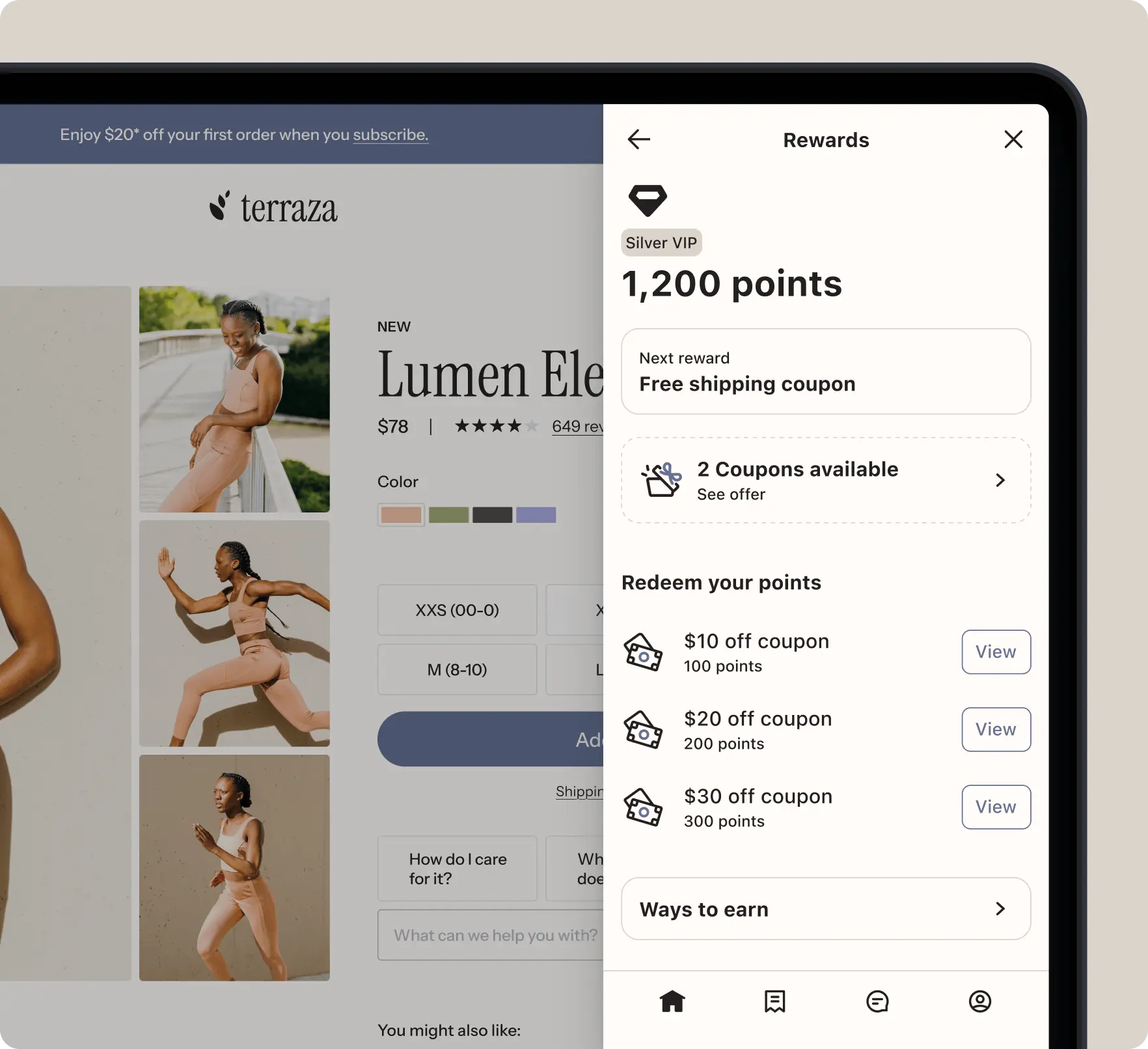 Online shopping interface showing a product page for "Lumen Ele" activewear and a rewards panel with points and coupon options.