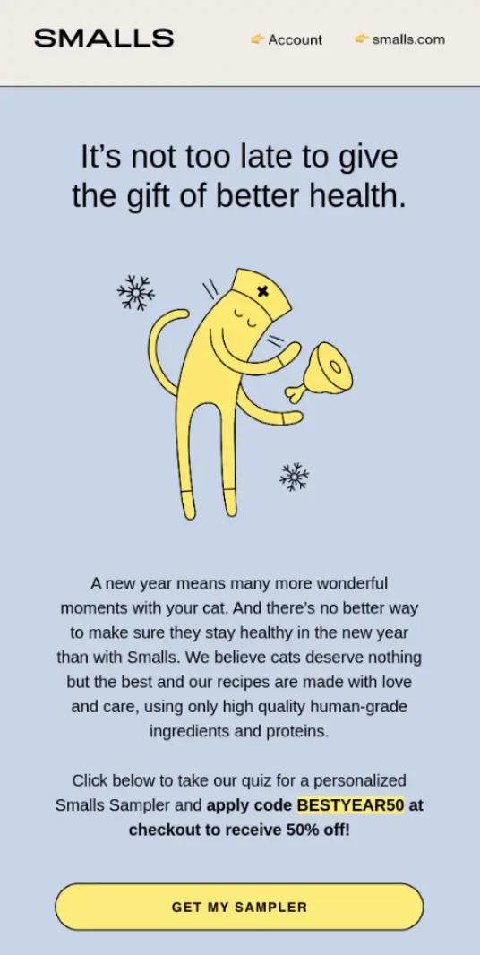 Smalls promotion featuring a yellow cat character with a bell, offering 50% off with code BESTYEAR50 for healthy cat food.