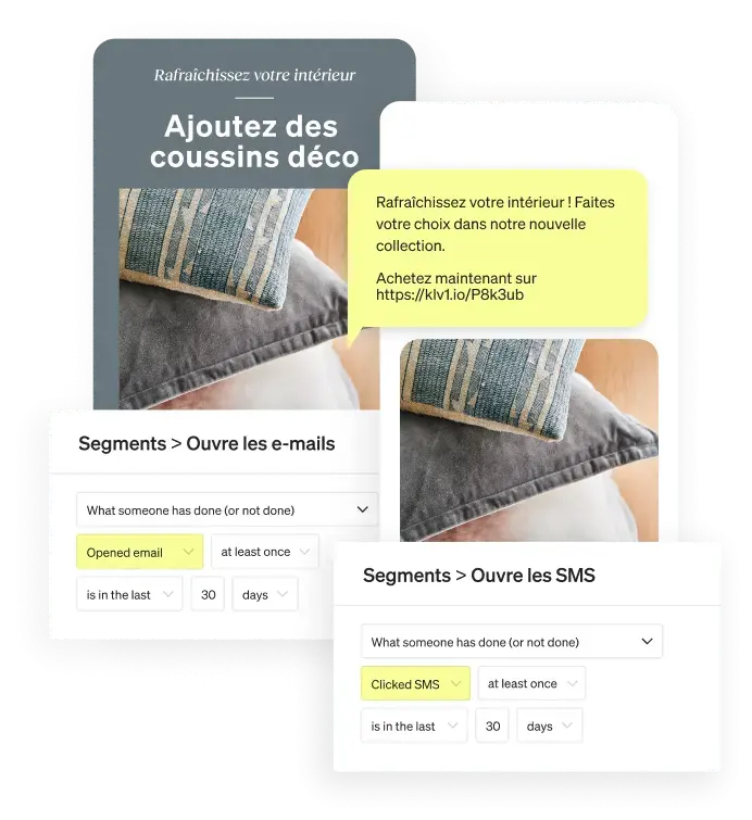 Aperçu d'une campagne de newsletter et SMS marketing pour une nouvelle collection de coussins déco. L’image montre une mise en scène élégante avec des coussins sur un canapé. Une fenêtre pop-up affiche un message promotionnel avec un lien d'achat. Deux segments de ciblage sont visibles : un pour les ouvertures d'e-mails et un pour les clics sur les SMS.
