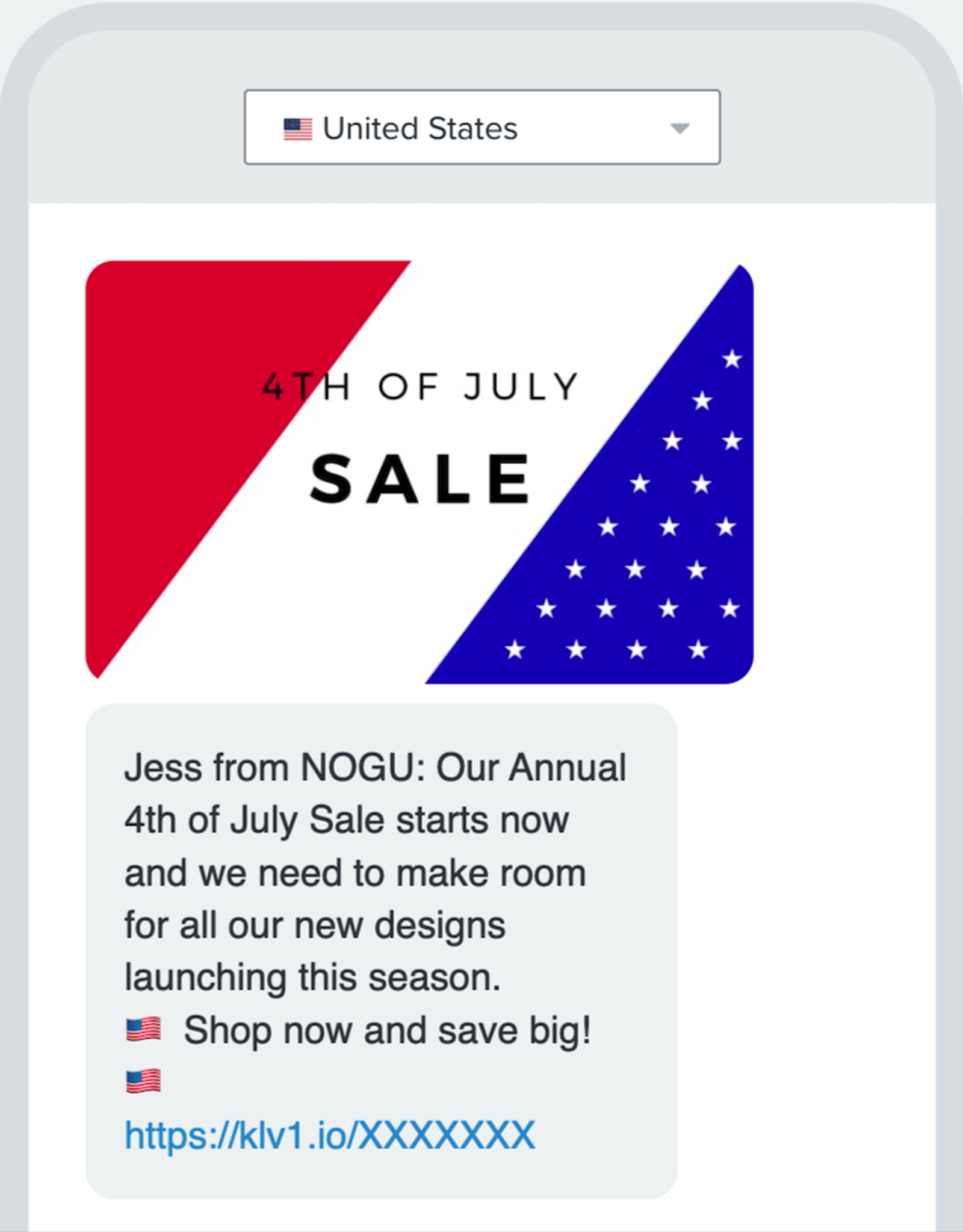 A mobile screen displaying an SMS message with a "4TH OF JULY SALE" graphic featuring red, white, and blue American flag colors and stars. A message from NOGU announces their annual sale, inviting users to shop for new designs.