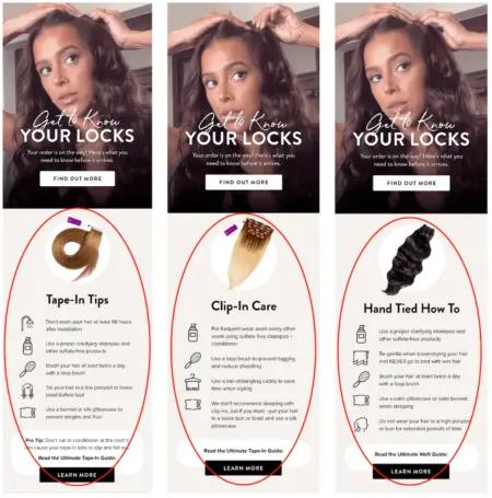 Image shows 3 separate emails that are each tailored to a specific purchase experience.