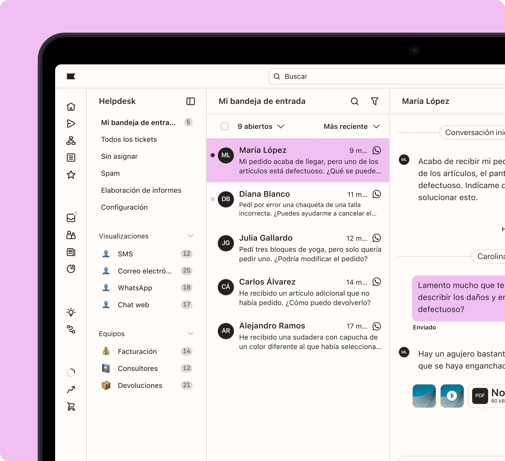 Interfaz de un sistema de helpdesk mostrando una bandeja de entrada con mensajes de clientes, incluyendo uno de María López sobre un artículo defectuoso.
