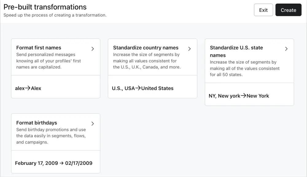 Interface showing pre-built data transformations: formatting first names, standardizing country and U.S. state names, and formatting birthdays.