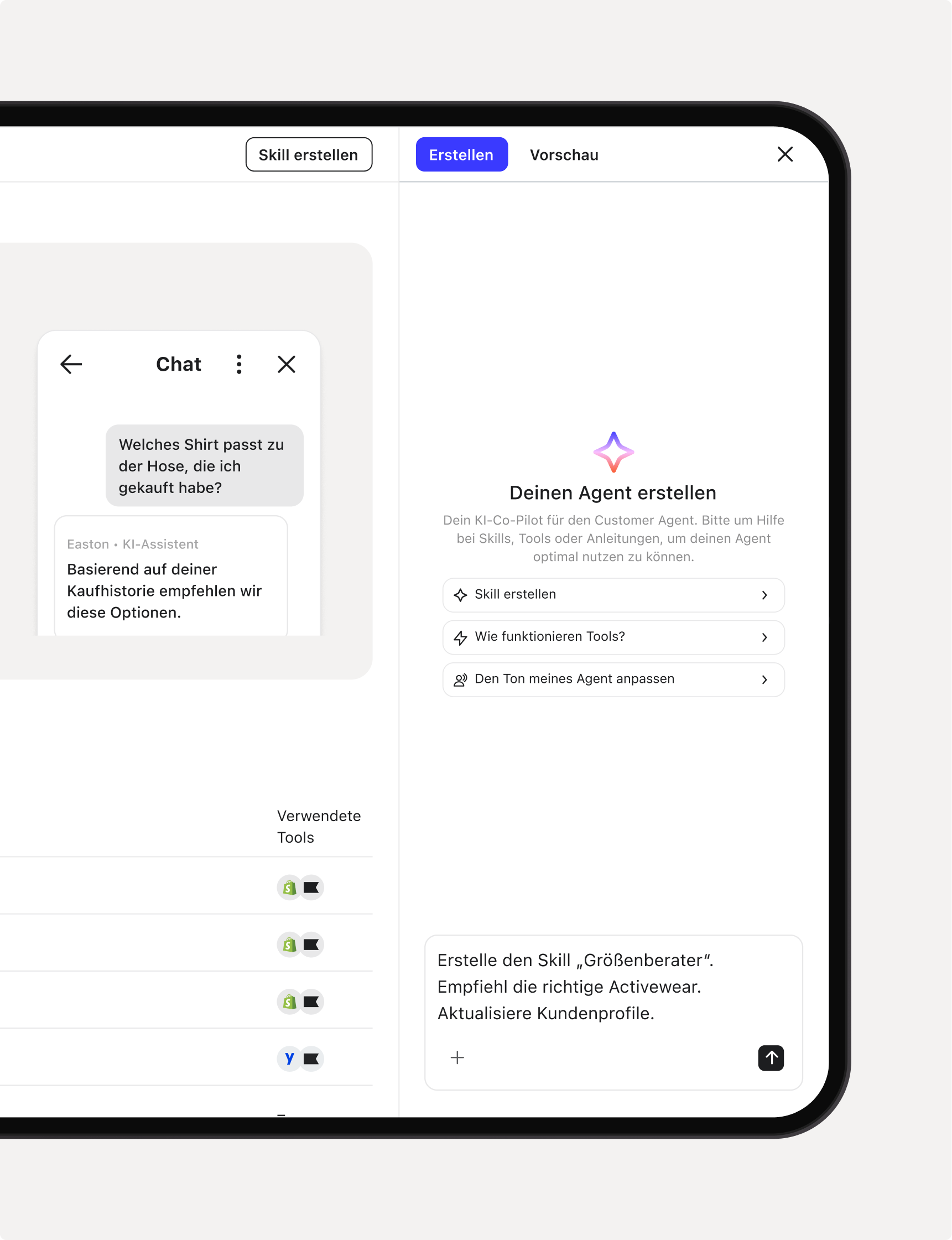 A tablet screen displaying a German AI assistant interface with a chat about clothing recommendations and tools for creating and customizing the agent.