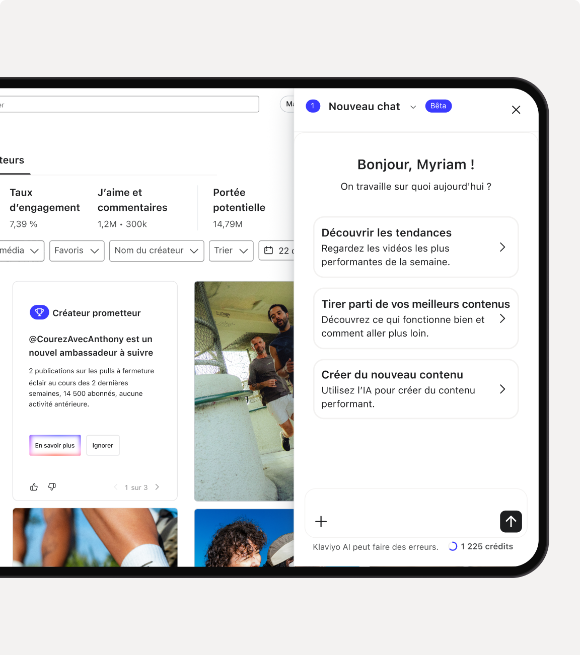 A digital dashboard in French, showing content performance metrics, creator cards, and an AI chat assistant.