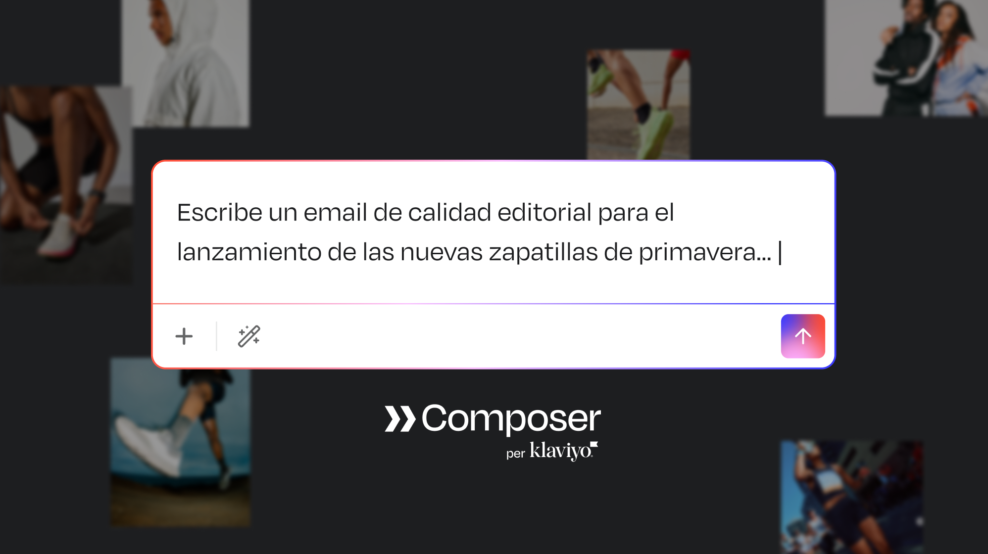 An AI text input box, in Spanish, asking to "Write an editorial quality email for the launch of new spring shoes," with blurred athletic photos in the background and the "Composer per klaviyo" logo.