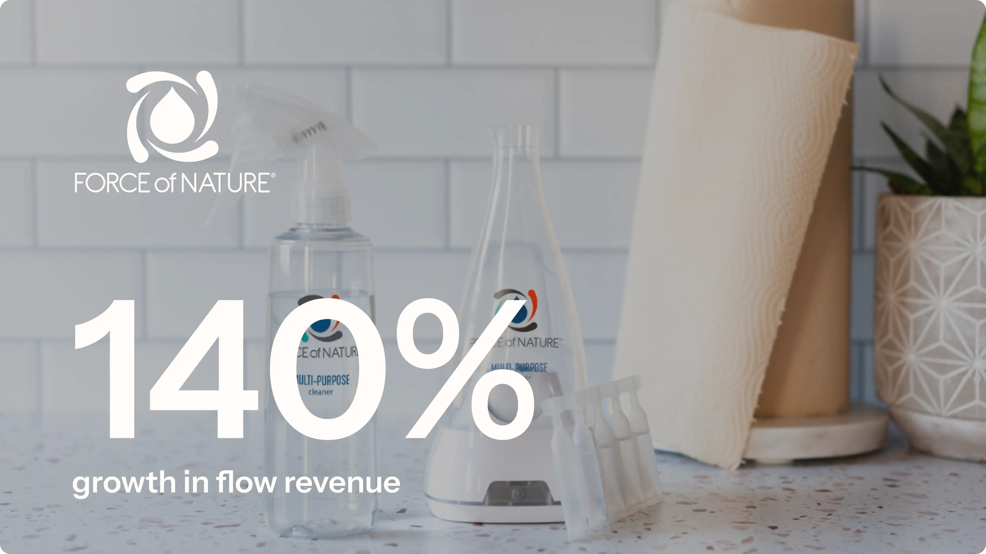 Force of Nature logo and 140% growth in flow revenue, overlaid on kitchen counter with paper towels and Force of Nature products