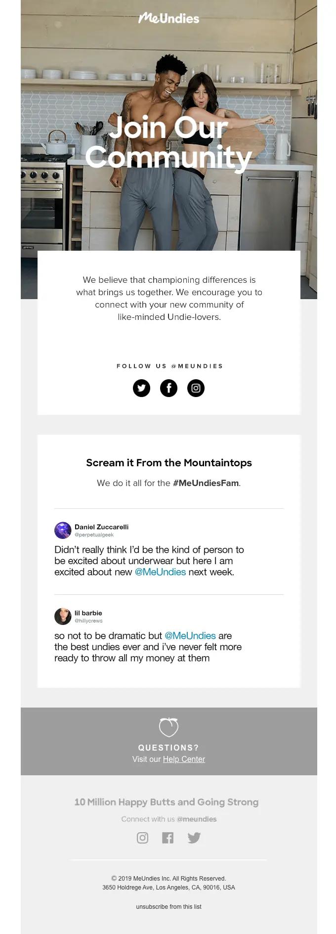 meundies email about joining their community with community member testimonials to encourage signups