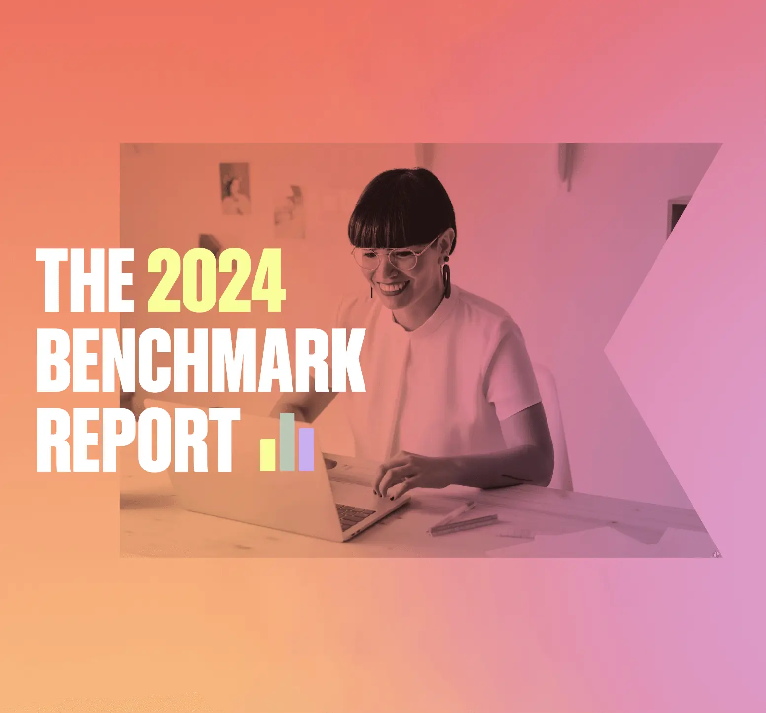 Bold white text reads "The 2024 Benchmark Report" on top of a photograph of a woman working at her computer.