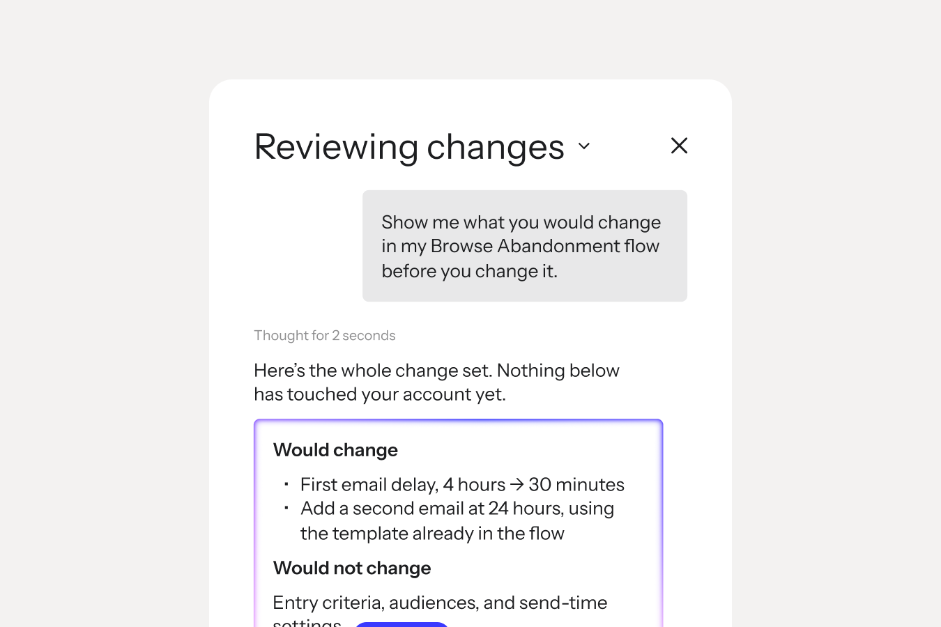 Reviewing changes panel previews updates to a Browse Abandonment email flow before applying them.