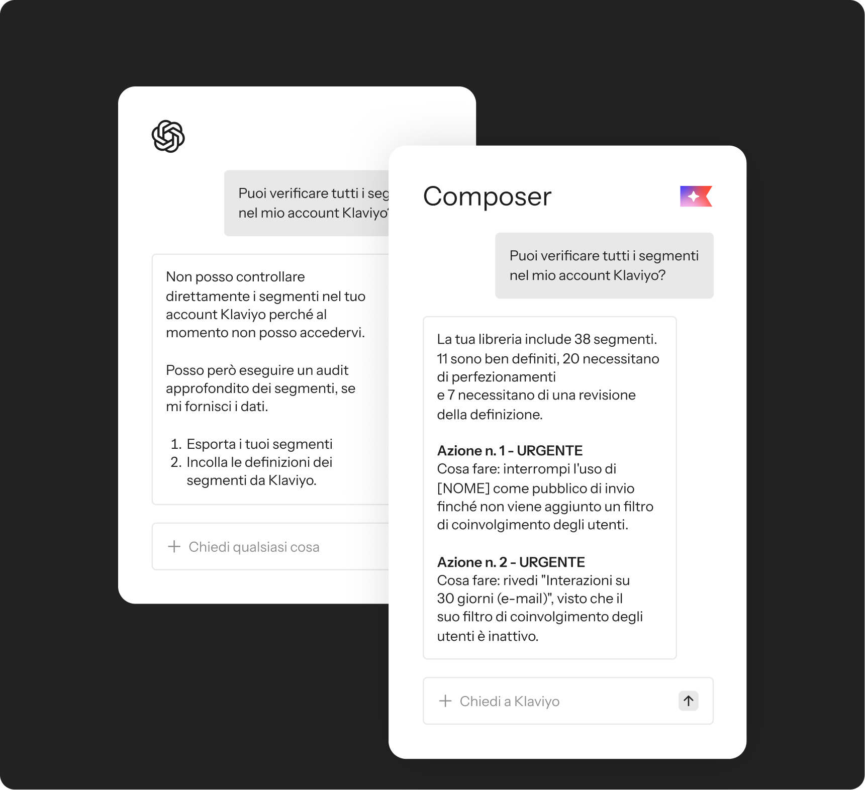 Two AI chat interfaces, ChatGPT and Klaviyo Composer, showing discussions and recommended actions related to Klaviyo segment management.