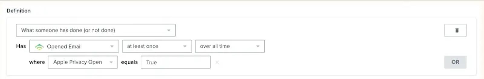 Image shows the third step of segmenting out Apple privacy opens, finding users who’ve used it over all time.