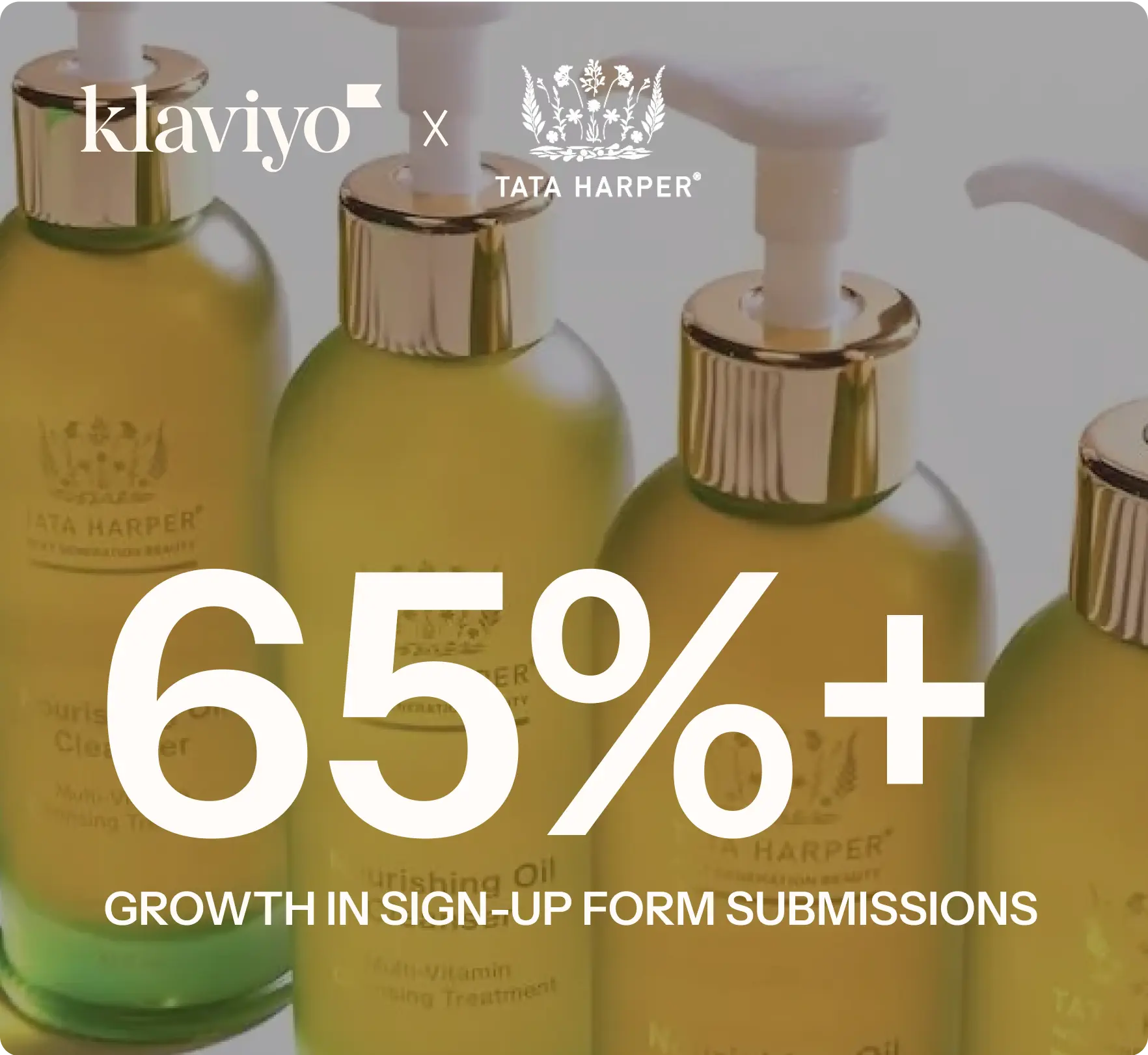 Image of Tata Harper skincare bottles with text overlay. Logos for Klaviyo and Tata Harper are at the top. Large text in the center reads ‘65%+ growth in sign-up form submissions.’