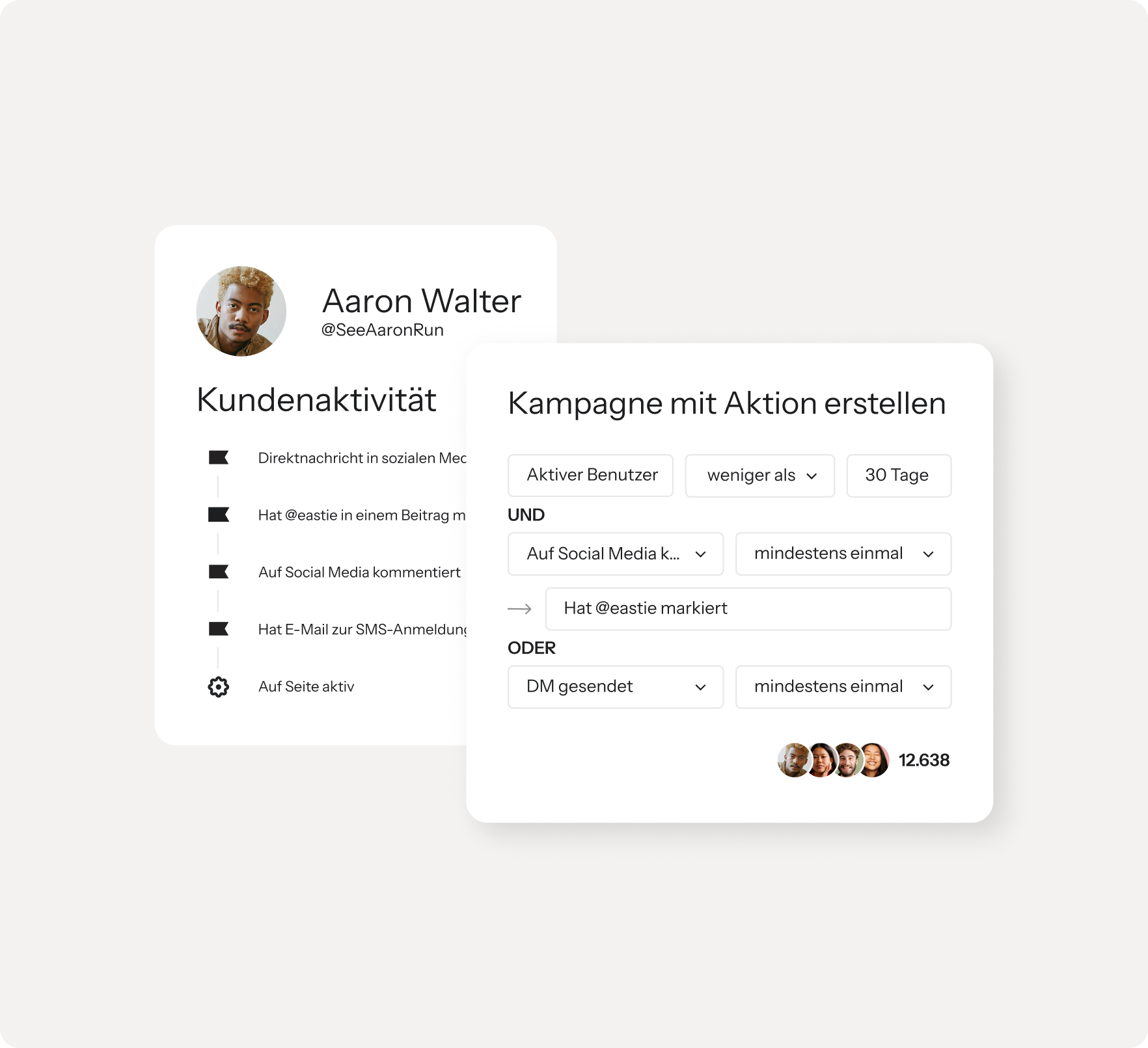 Customer activity profile card next to a campaign creation interface showing audience segmentation criteria and 12,638 matching users.