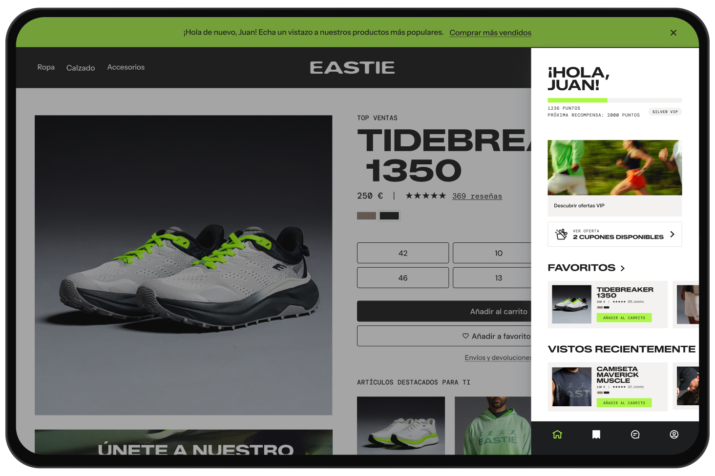 Página de producto de zapatillas de running con un panel de recompensas del cliente que muestra puntos, cupones, favoritos y artículos vistos recientemente.