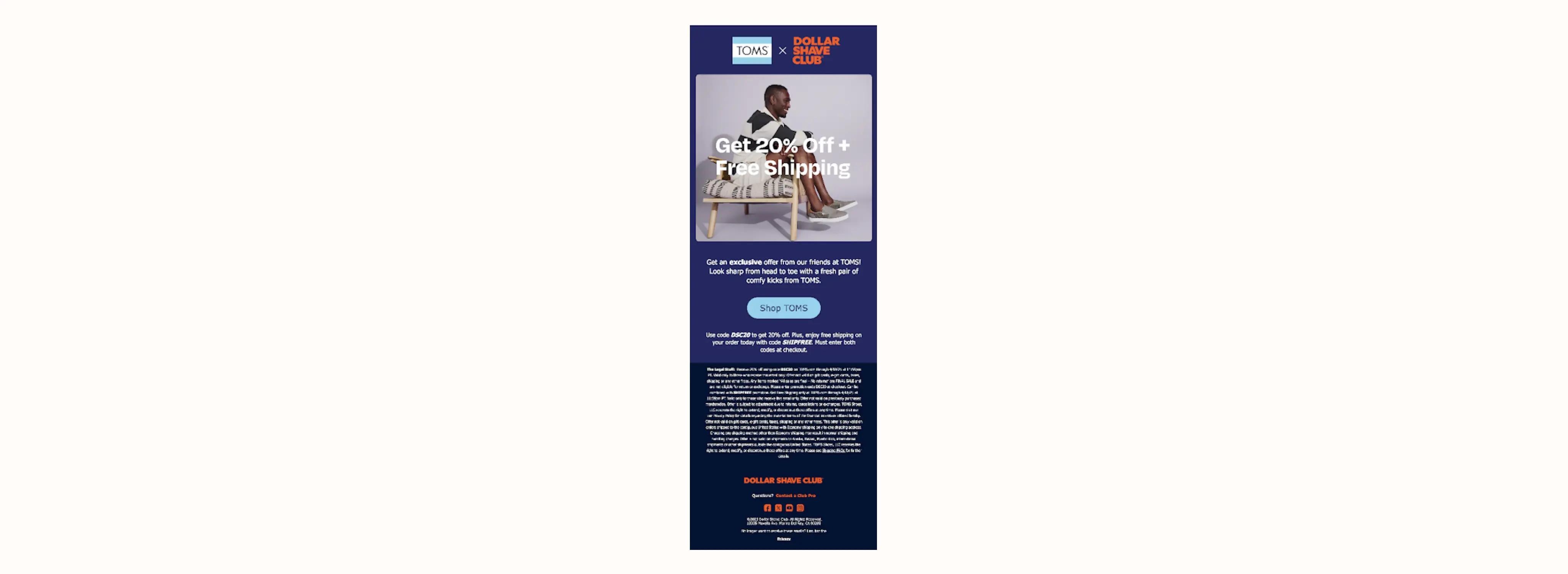 Image shows a co-branded promotional email from personal grooming company Dollar Shave Club, offering a 20% discount on TOMS shoes.