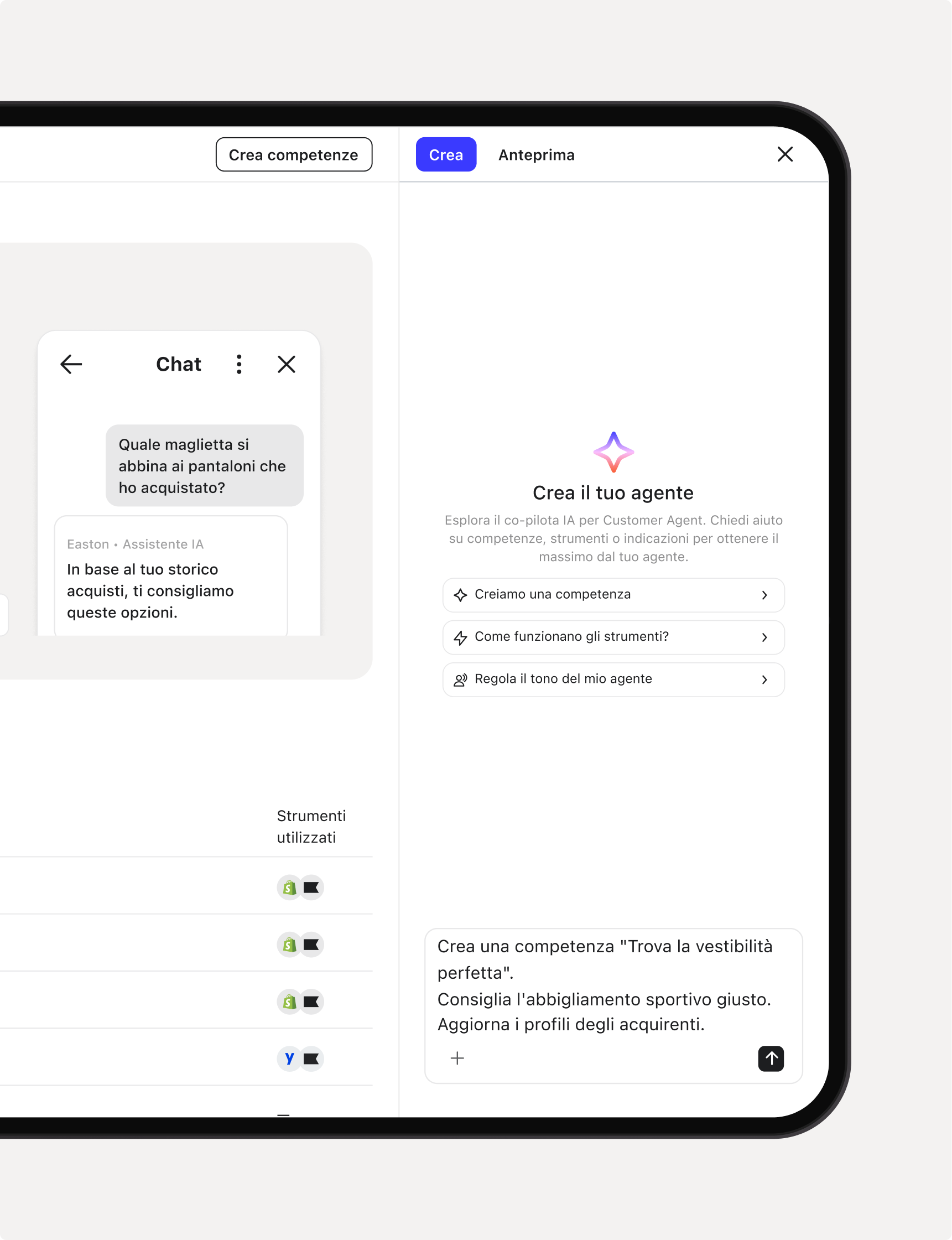 A digital interface in Italian titled "Competenze" (Skills), displaying a description of Easton's capabilities for managing customer requests and a list of "Strumenti utilizzati" (Tools used).