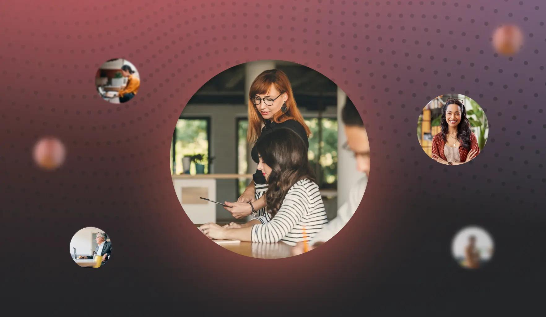 Eine Frau mit Brille steht neben einer sitzenden Frau, die ein Tablet benutzt. Umgeben von kleineren Porträtbildern.